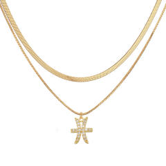 Hiphop two layer gold plated copper chain diamond zodiac pendant necklace