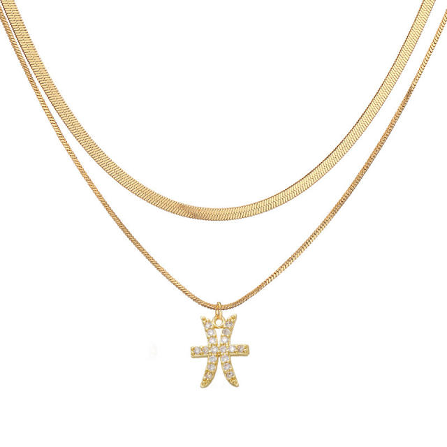 Hiphop two layer gold plated copper chain diamond zodiac pendant necklace