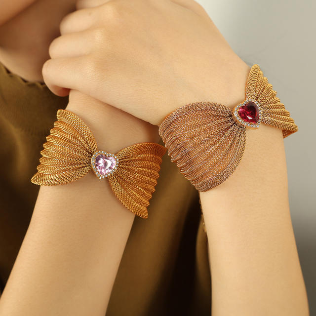 Chunky bow colorful diamond heart stainless steel women bangle bracelet