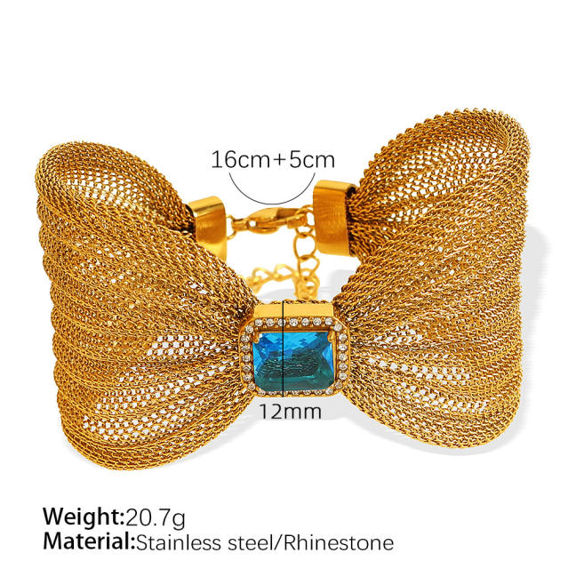 Elegant stainless steel big bow color cubic zircon bangle bracelet
