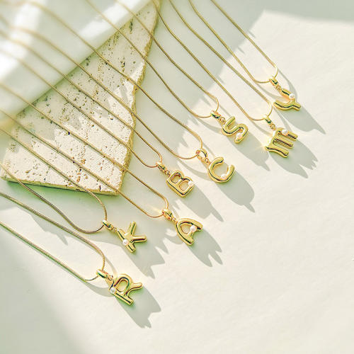 Elegant pearl bead bubble letter initial letter pendant copper necklace