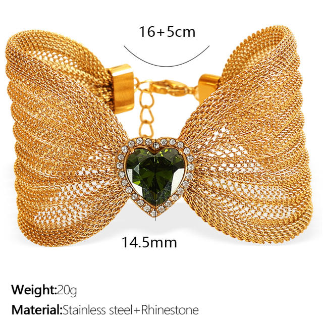 Chunky bow colorful diamond heart stainless steel women bangle bracelet