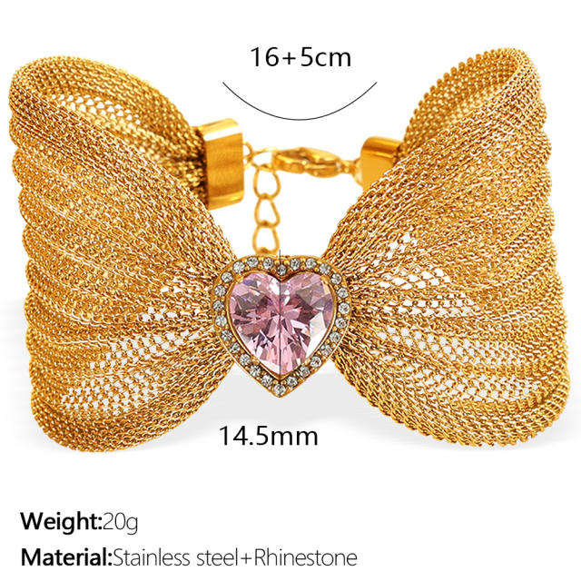 Chunky bow colorful diamond heart stainless steel women bangle bracelet