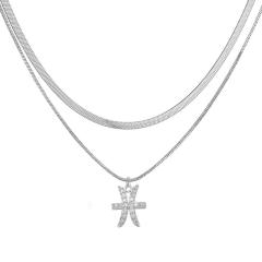 Hiphop two layer gold plated copper chain diamond zodiac pendant necklace