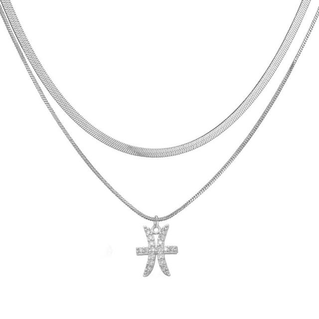 Hiphop two layer gold plated copper chain diamond zodiac pendant necklace
