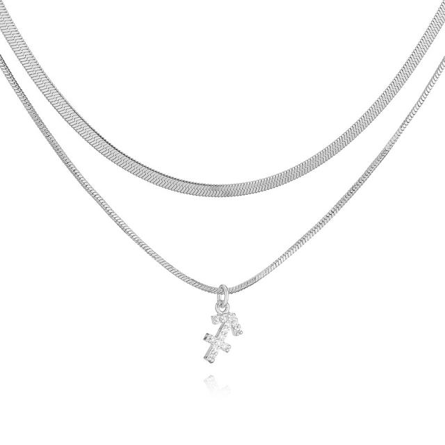 Hiphop two layer gold plated copper chain diamond zodiac pendant necklace