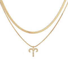 Hiphop two layer gold plated copper chain diamond zodiac pendant necklace