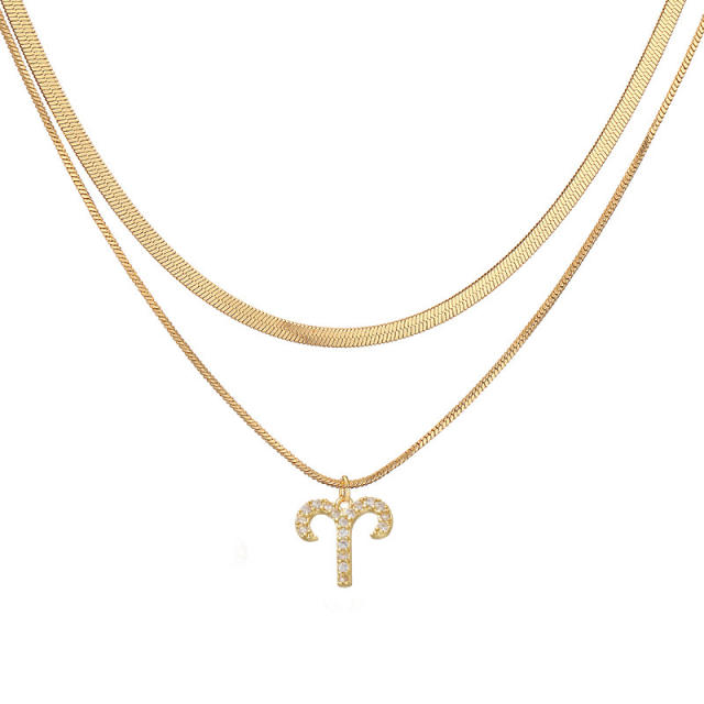 Hiphop two layer gold plated copper chain diamond zodiac pendant necklace