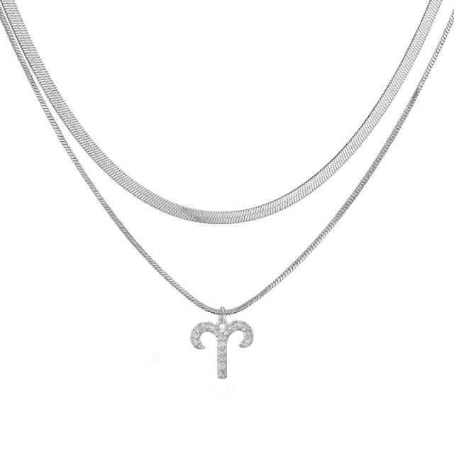 Hiphop two layer gold plated copper chain diamond zodiac pendant necklace