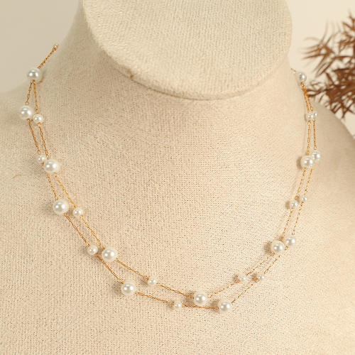 French trend pearl bead two layer elegant stainless steel choker necklace