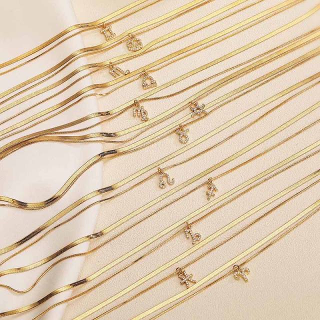 Hiphop two layer gold plated copper chain diamond zodiac pendant necklace