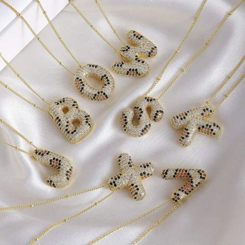 Hiphop Leopard pattern bubble letter initial letter pendant copper necklace