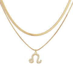 Hiphop two layer gold plated copper chain diamond zodiac pendant necklace