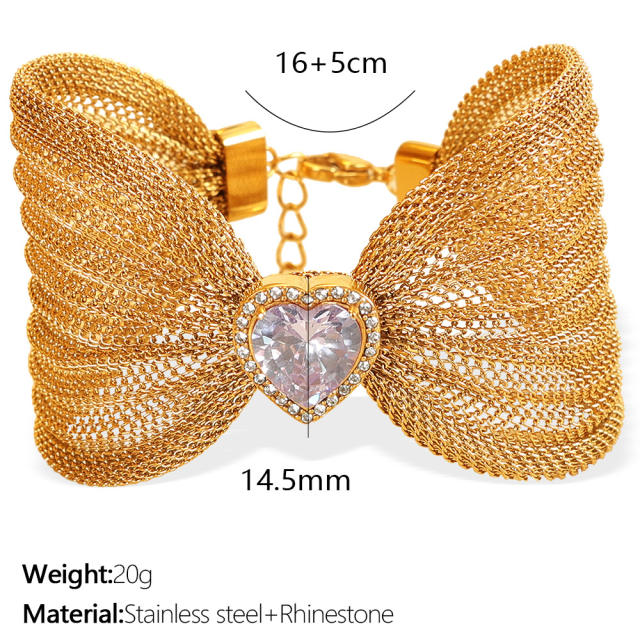 Chunky bow colorful diamond heart stainless steel women bangle bracelet