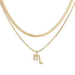 Hiphop two layer gold plated copper chain diamond zodiac pendant necklace