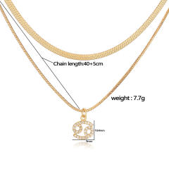 Hiphop two layer gold plated copper chain diamond zodiac pendant necklace