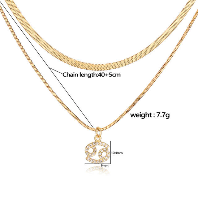 Hiphop two layer gold plated copper chain diamond zodiac pendant necklace