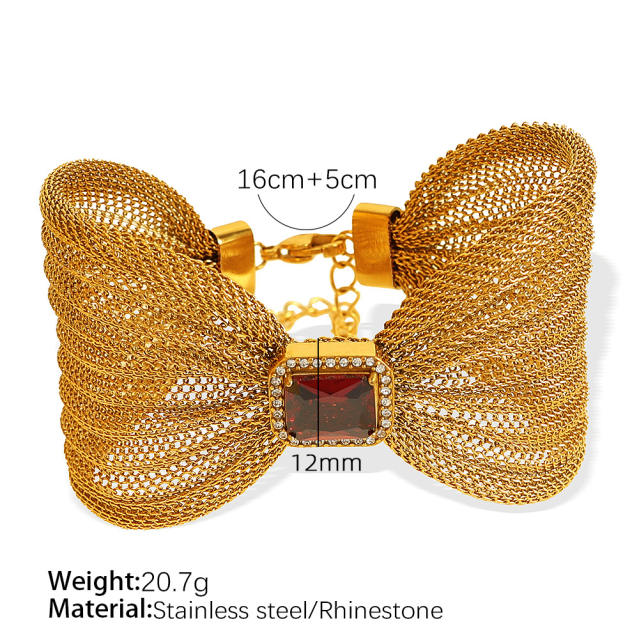 Elegant stainless steel big bow color cubic zircon bangle bracelet