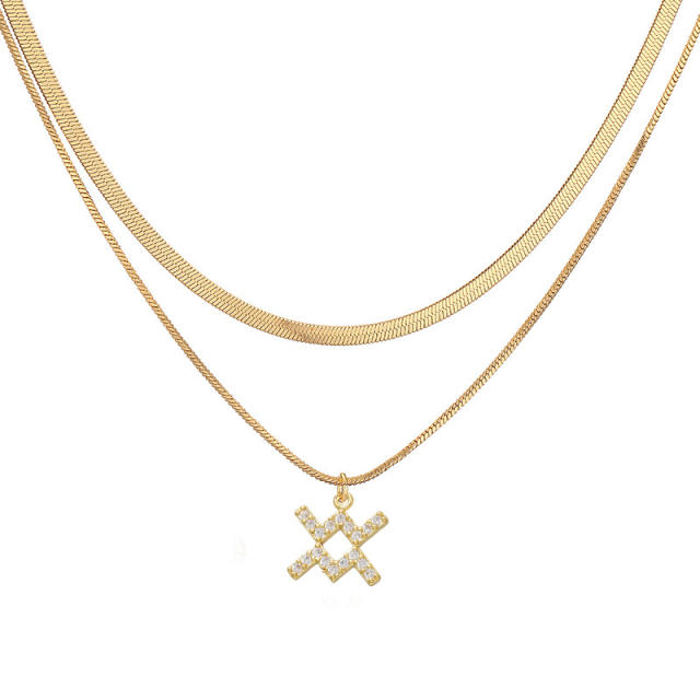 Hiphop two layer gold plated copper chain diamond zodiac pendant necklace