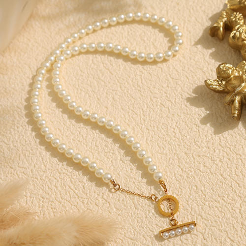 Eleagnt pearl bead toggle chain stainless steel necklace