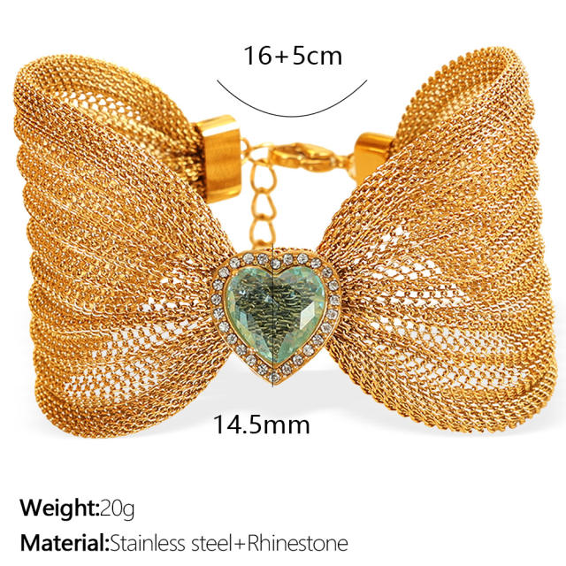 Chunky bow colorful diamond heart stainless steel women bangle bracelet