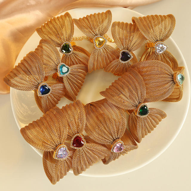 Chunky bow colorful diamond heart stainless steel women bangle bracelet
