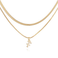 Hiphop two layer gold plated copper chain diamond zodiac pendant necklace