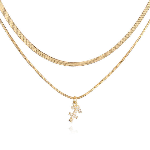 Hiphop two layer gold plated copper chain diamond zodiac pendant necklace