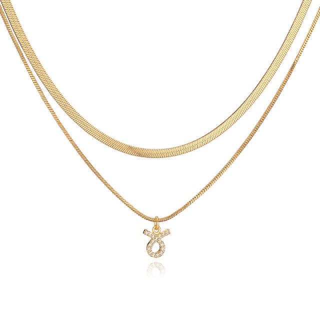 Hiphop two layer gold plated copper chain diamond zodiac pendant necklace
