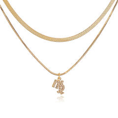 Hiphop two layer gold plated copper chain diamond zodiac pendant necklace
