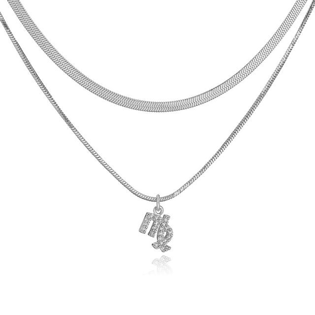 Hiphop two layer gold plated copper chain diamond zodiac pendant necklace