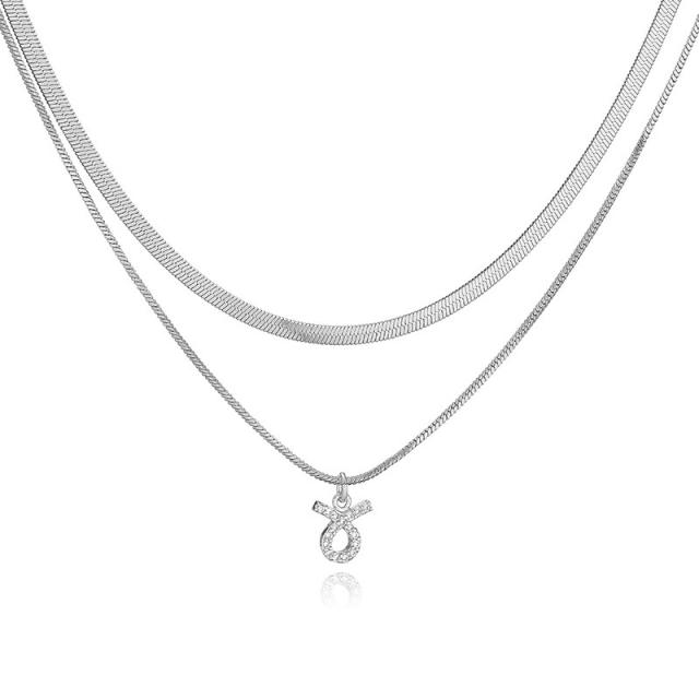 Hiphop two layer gold plated copper chain diamond zodiac pendant necklace