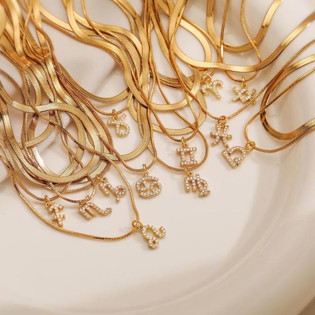 Hiphop two layer gold plated copper chain diamond zodiac pendant necklace