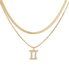 Hiphop two layer gold plated copper chain diamond zodiac pendant necklace