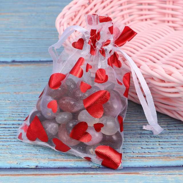 Hot sale red heart organza jewelry bag string bag Valentine's Day 100pcs