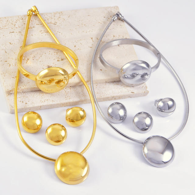 Personality geometric round charm stainless steel choker necklace bracelet set