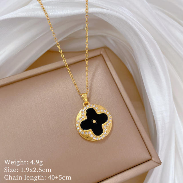 Classic dainty black clover round pendant stainless steel chain necklace set