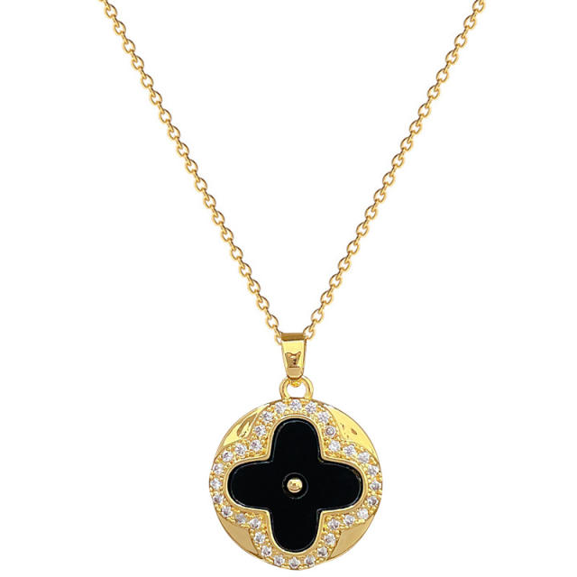 Classic dainty black clover round pendant stainless steel chain necklace set