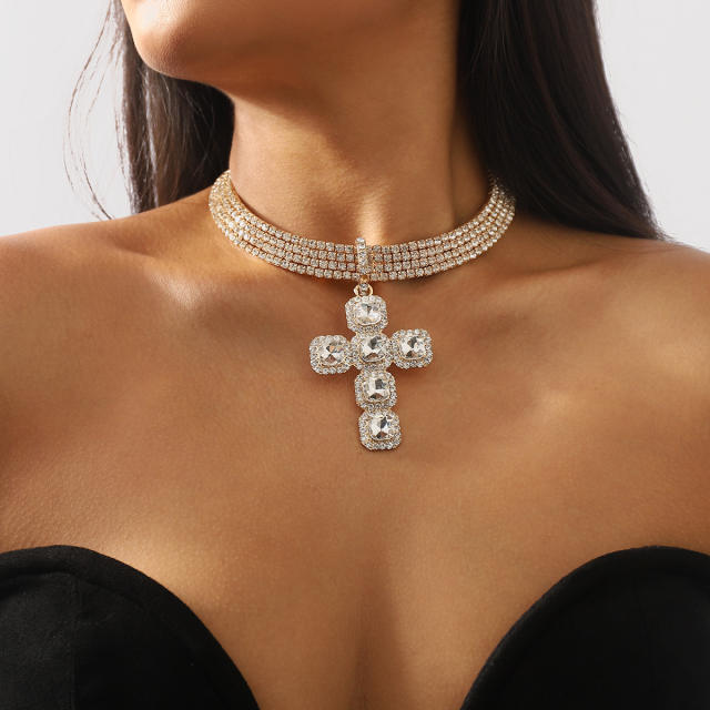 Chunky crystal statement cross diamond choker necklace