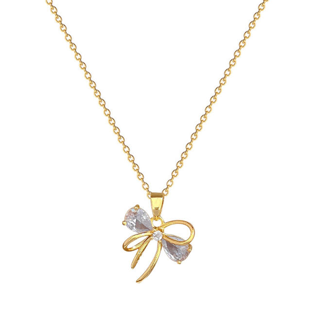 Dainty diamond bow pendant stainless steel chain necklace