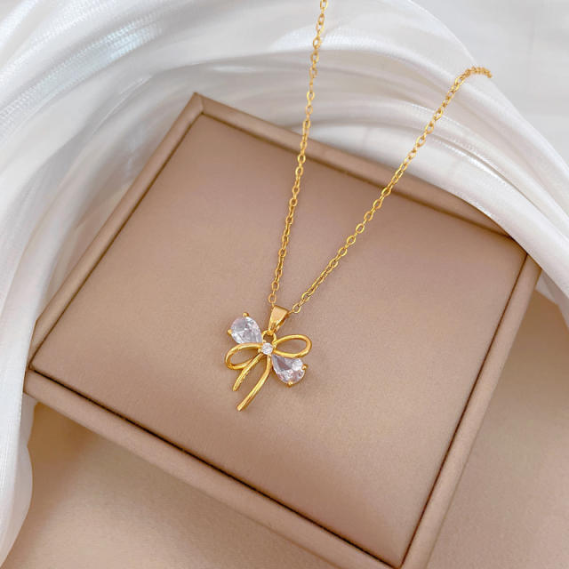 Dainty diamond bow pendant stainless steel chain necklace
