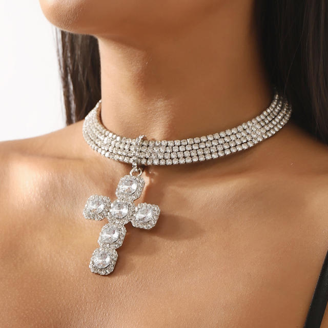 Chunky crystal statement cross diamond choker necklace