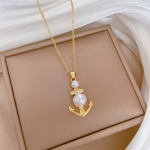 Dainty pearl anchor pendant stainless steel chain necklace