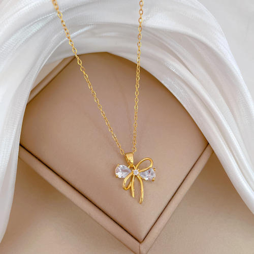 Dainty diamond bow pendant stainless steel chain necklace