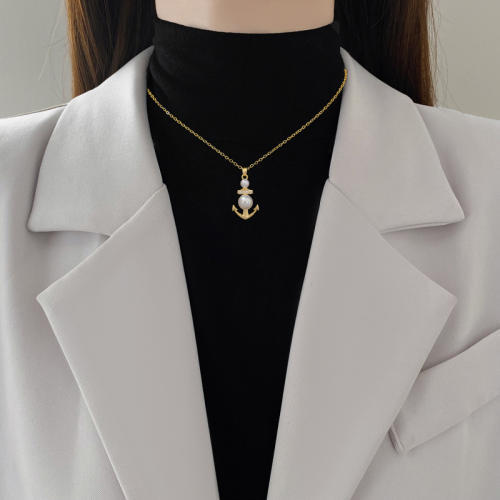 Dainty pearl anchor pendant stainless steel chain necklace