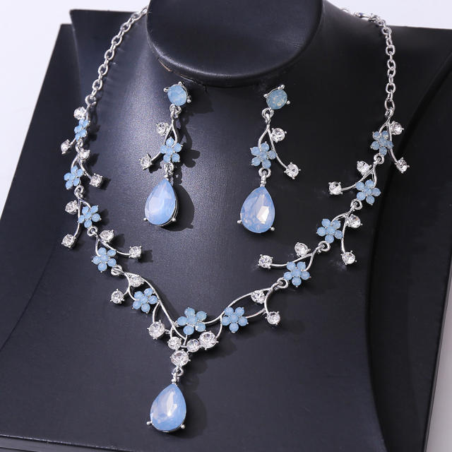 Sweet colorful glass crystal statement flower necklace set wedding necklace set