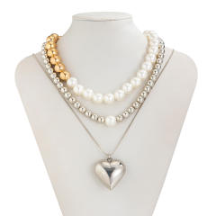Sweet cool beaded choker heart pendant long necklace set