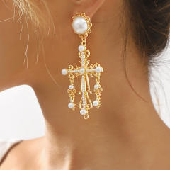 Baroque cross imitation pearl big big earrings