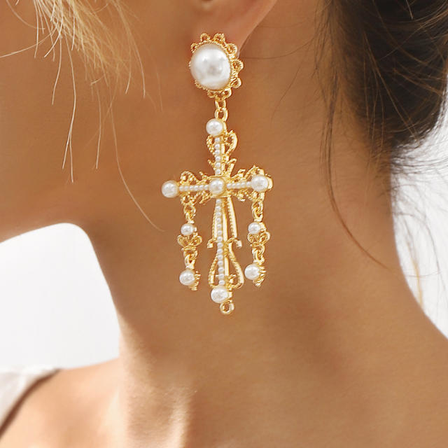 Baroque cross imitation pearl big big earrings