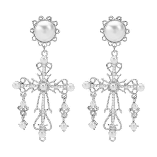 Baroque cross imitation pearl big big earrings